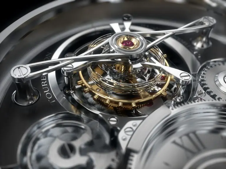 Close-up of a tourbillon watch movement with a ruby jewel