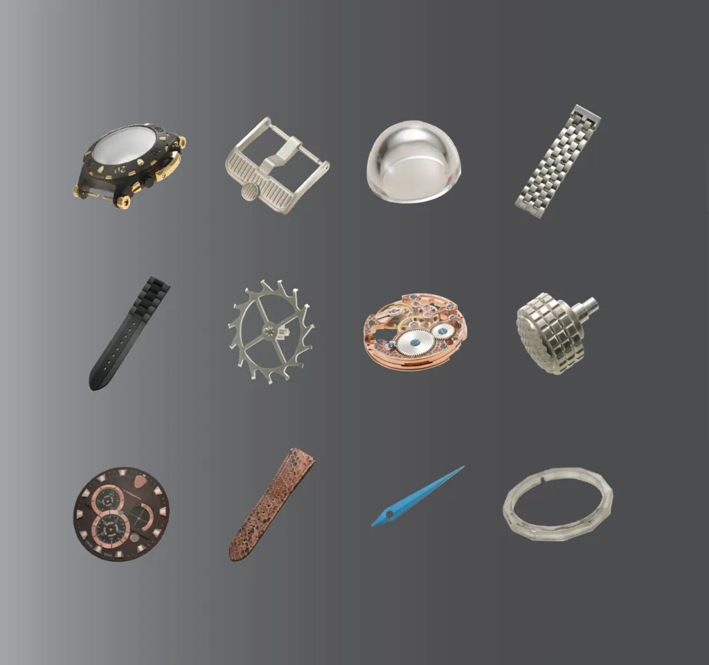 Watch components made by FTM: cases, buckles, crystals, bracelets, gears, movements, dials and hands