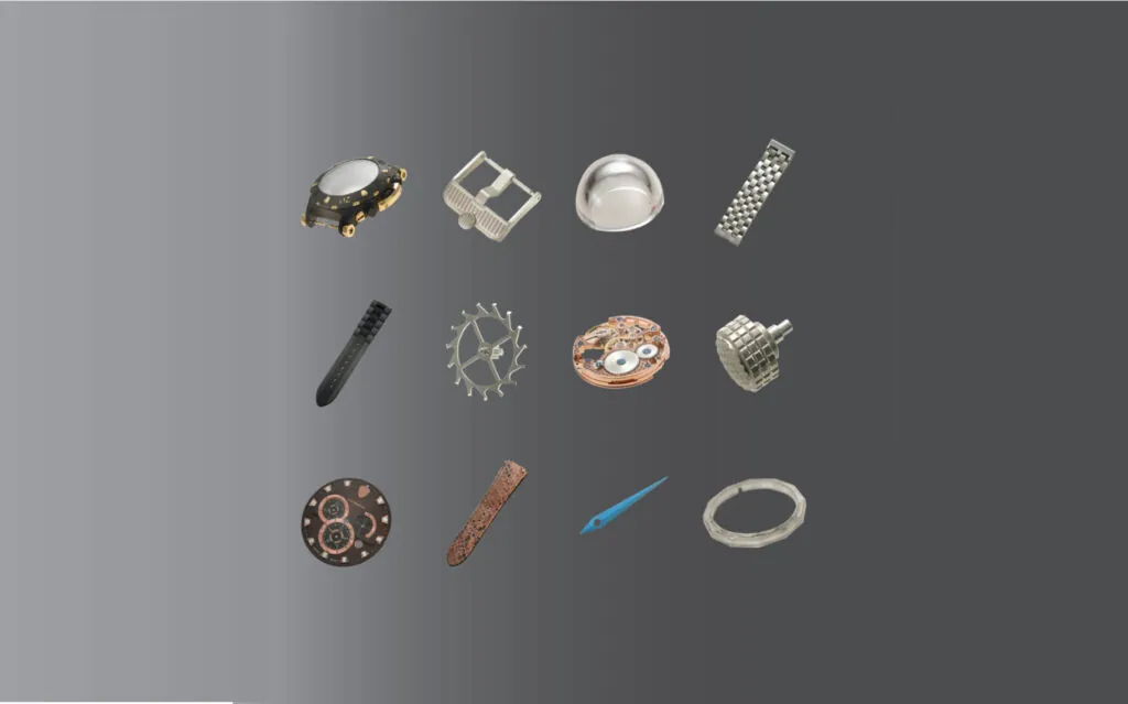 Watch components made by FTM: cases, buckles, crystals, bracelets, gears, movements, dials and hands